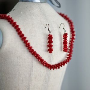 Set of Red Beaded Short Necklace and Earring Set